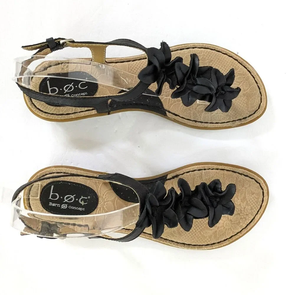 B.O.C. Born Concepts 8M Black Leather Slingback Flat Thong Sandals Flower Flats - Picture 5 of 15